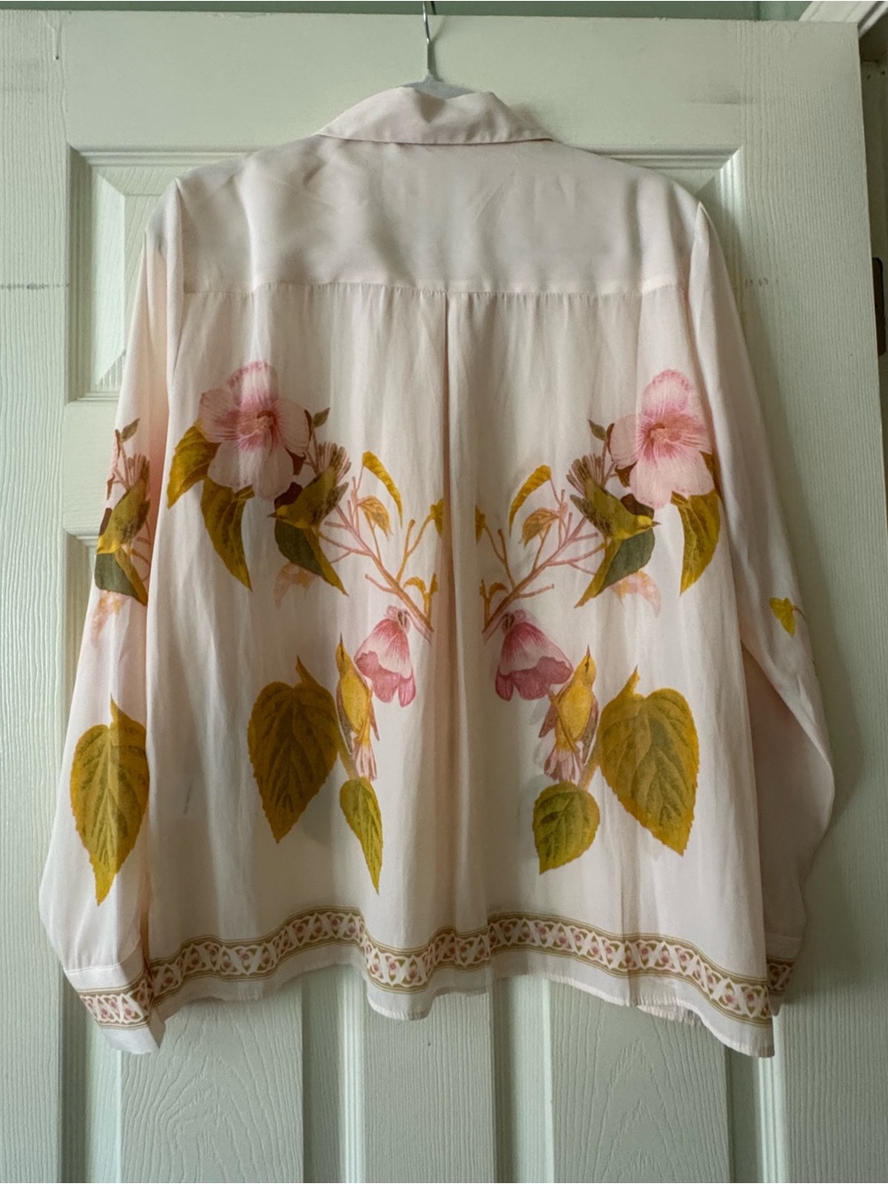 Rose & Olive Pink Floral Button-Down Blouse with Yellow Leaf Motif - Picture 5 of 9